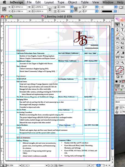 My resum&eacute; created in Indesign